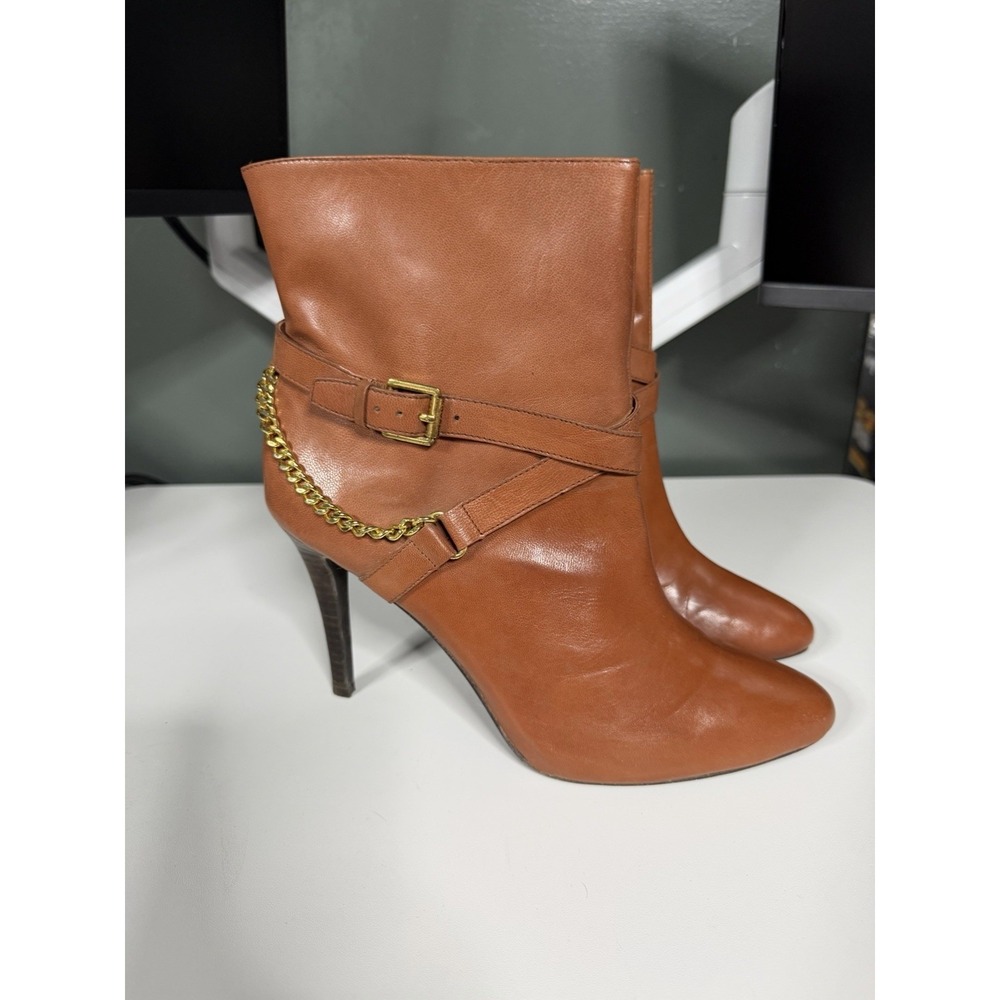 Ralph Lauren Women Leather Booties Boots Laurie Camel Cognac Brown Size 9.5